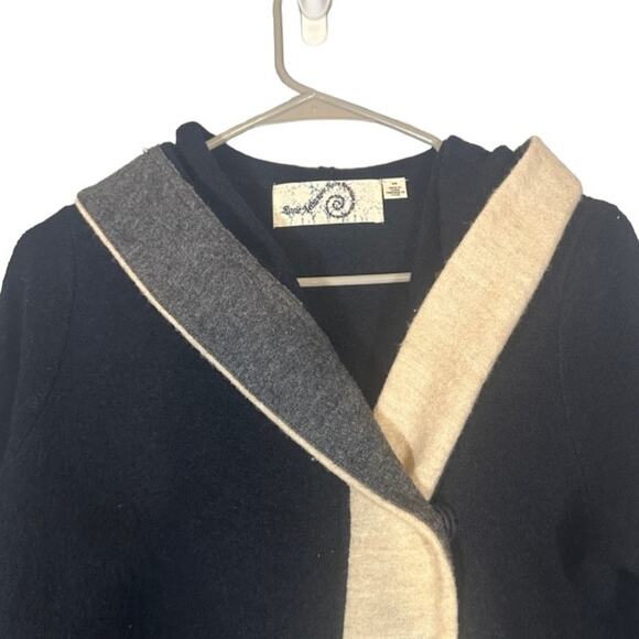 Rosie Neira Anthro Navy Blue & Cream Colorblock Boiled Wool Coat Women Sz XS - Picture 5 of 10